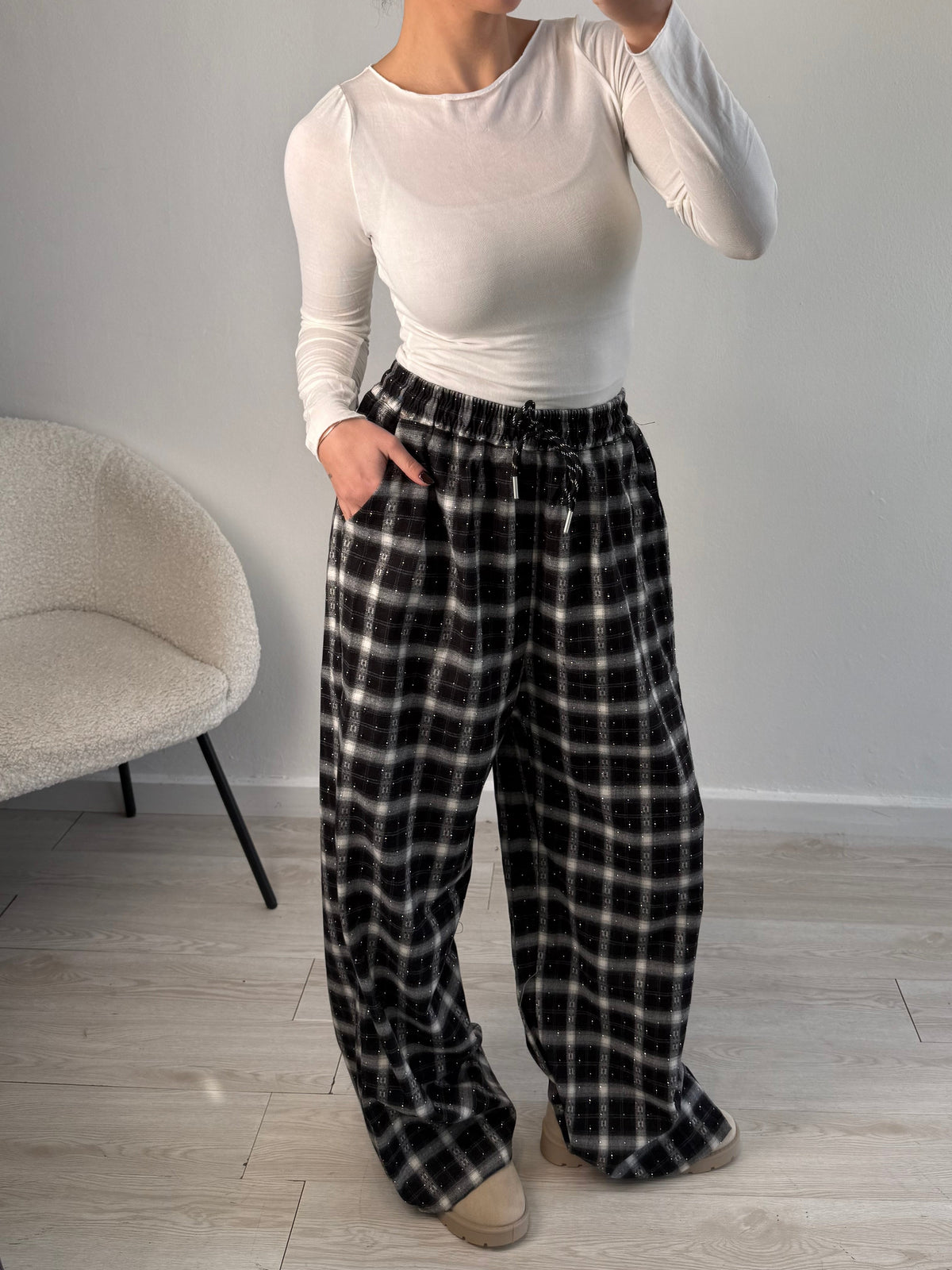 Pantalone tartan strass