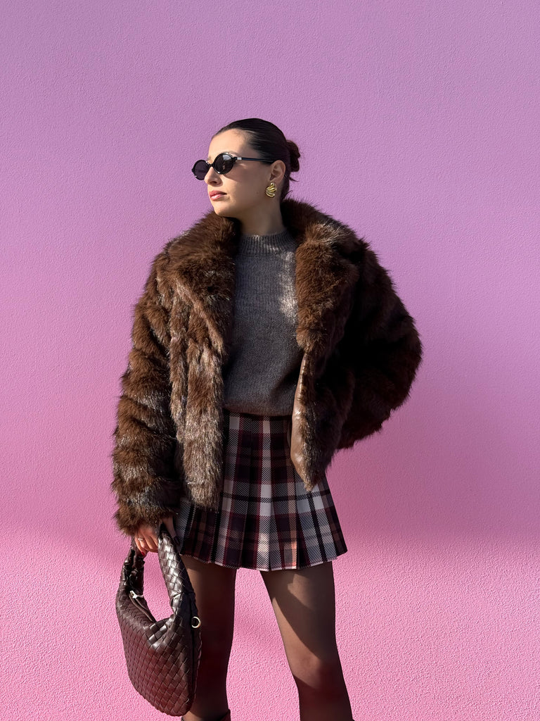 Eco-pelliccia marrone intarsiata