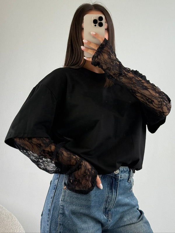 T-shirt con maniche in pizzo
