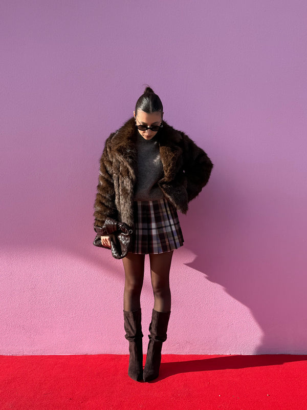 Eco-pelliccia marrone intarsiata