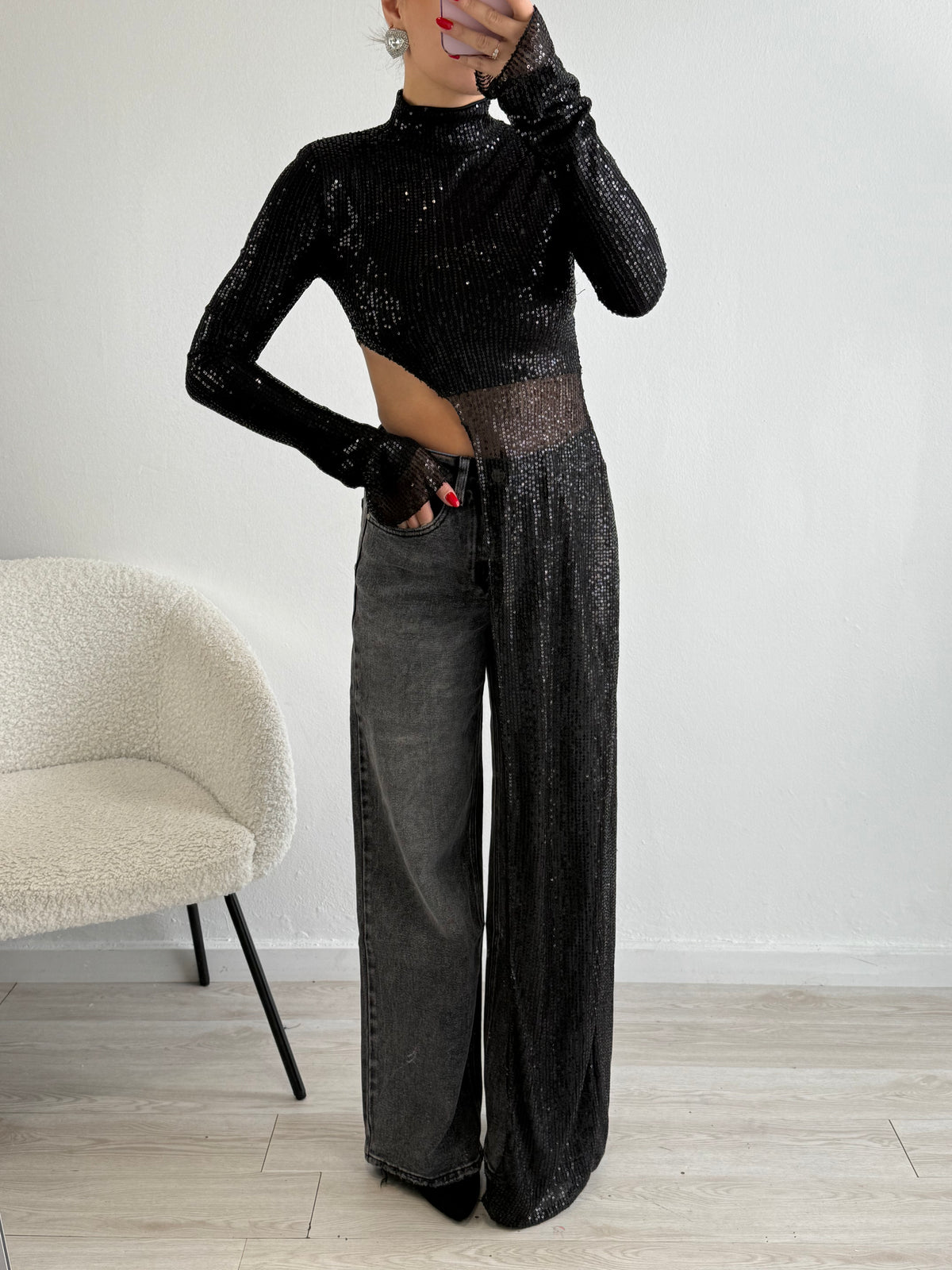 Top paillettes asimmetrico