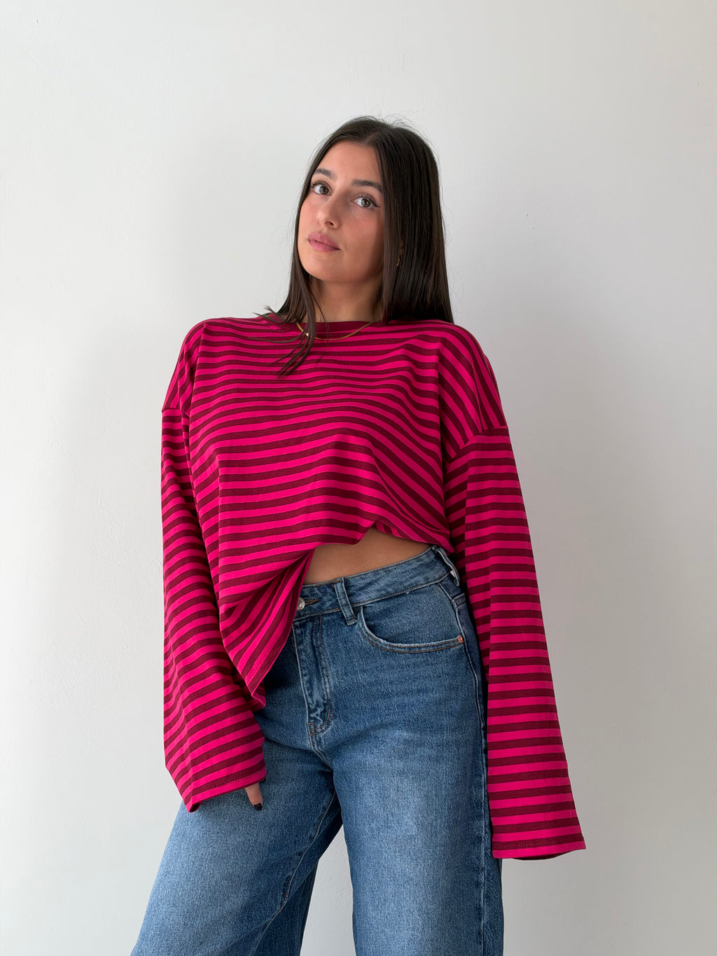 Longsleeve Righe Over fuxia/bordeaux