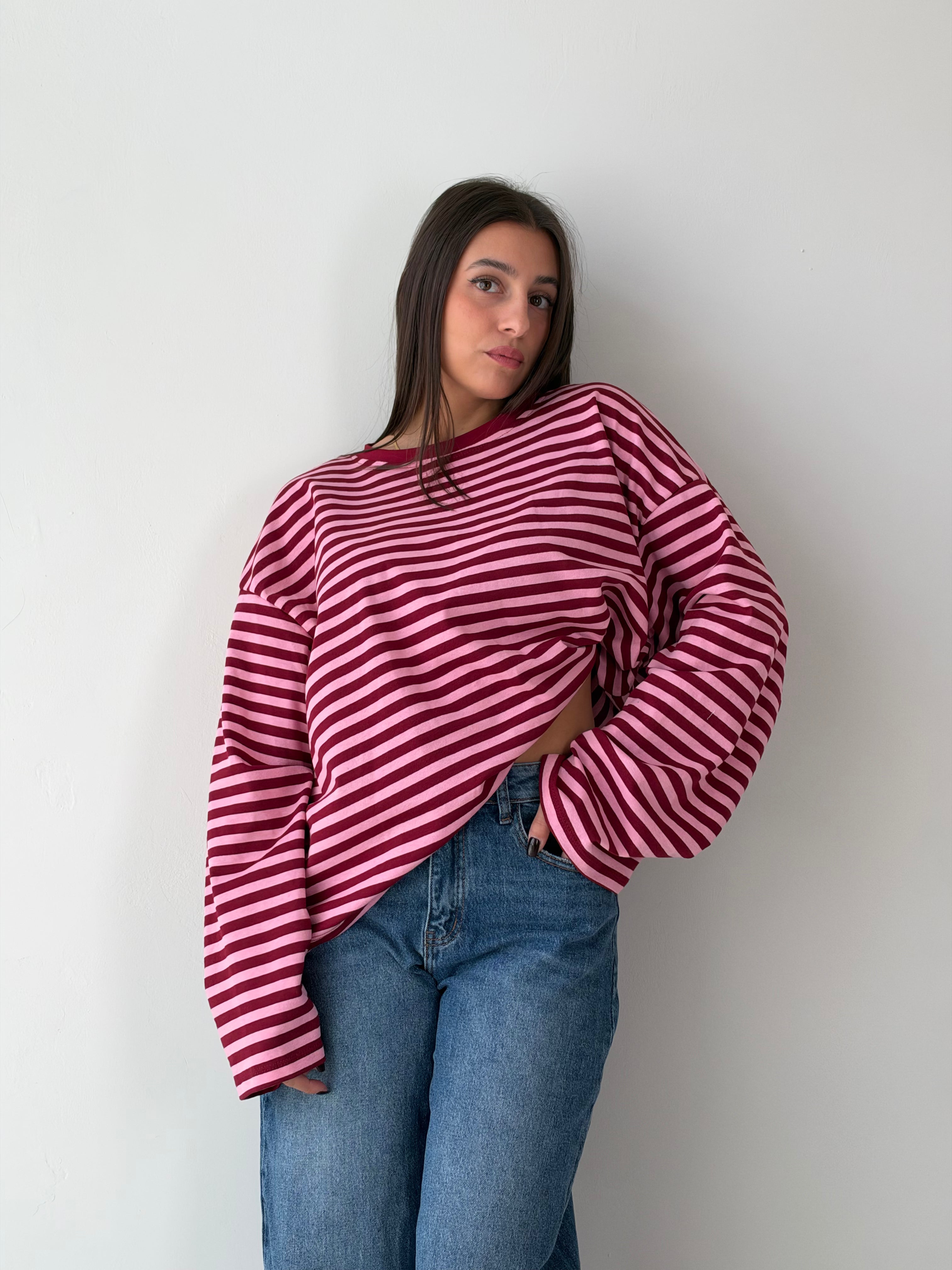 Longsleeve Righe Over rosa/bordeaux