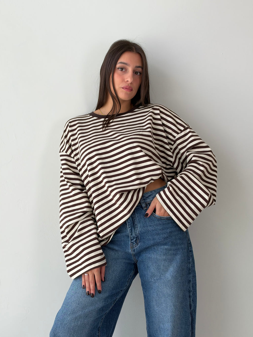Longsleeve Righe Over marrone/panna