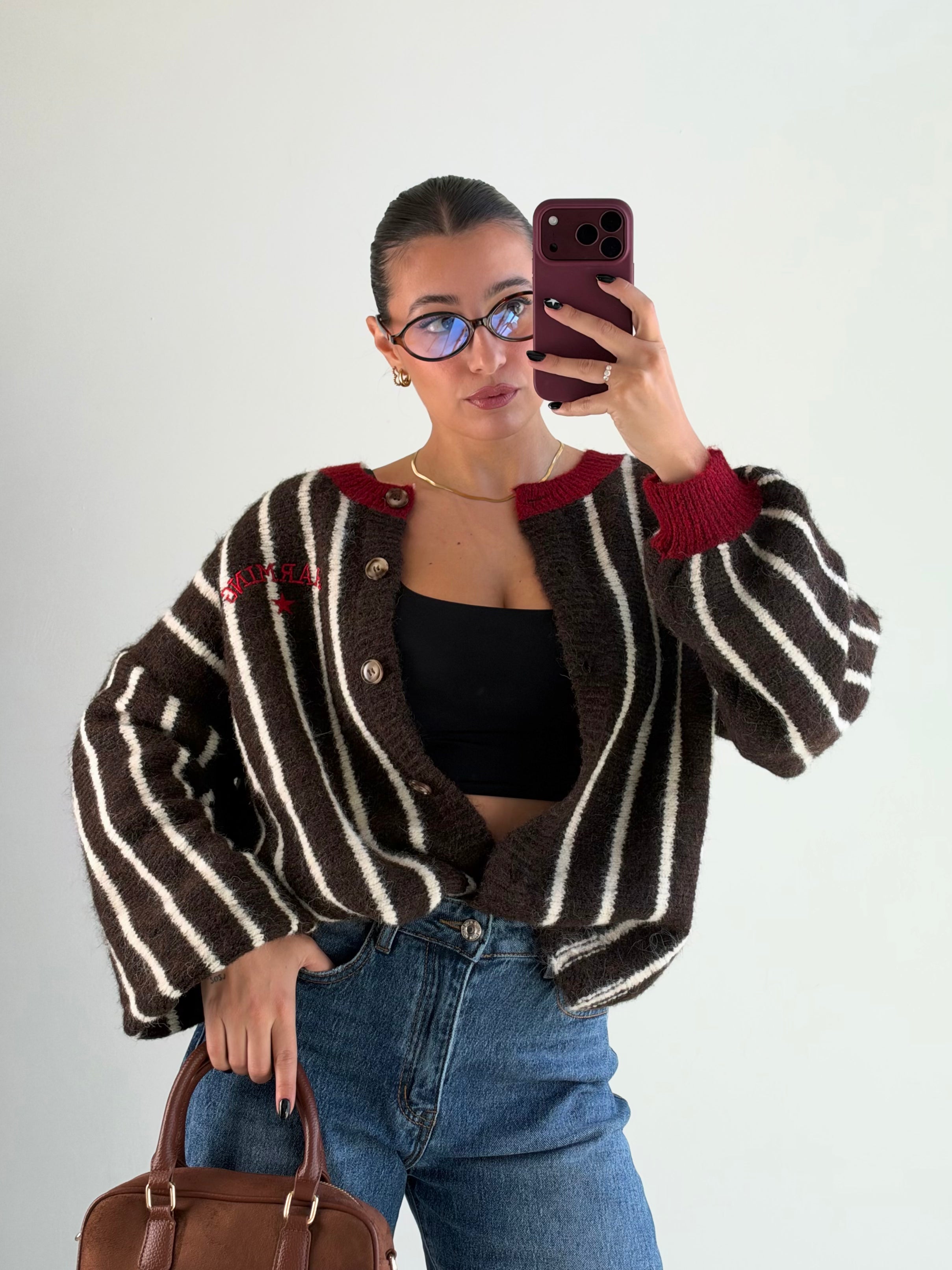 Maglione Cardigan baseball marrone