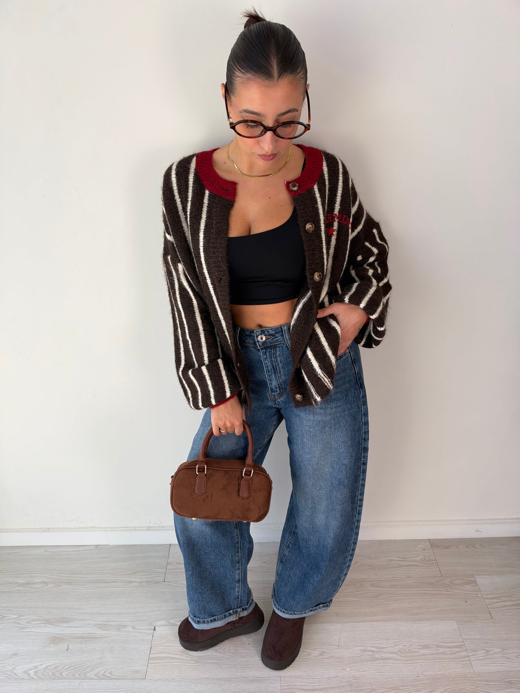 Maglione Cardigan baseball marrone