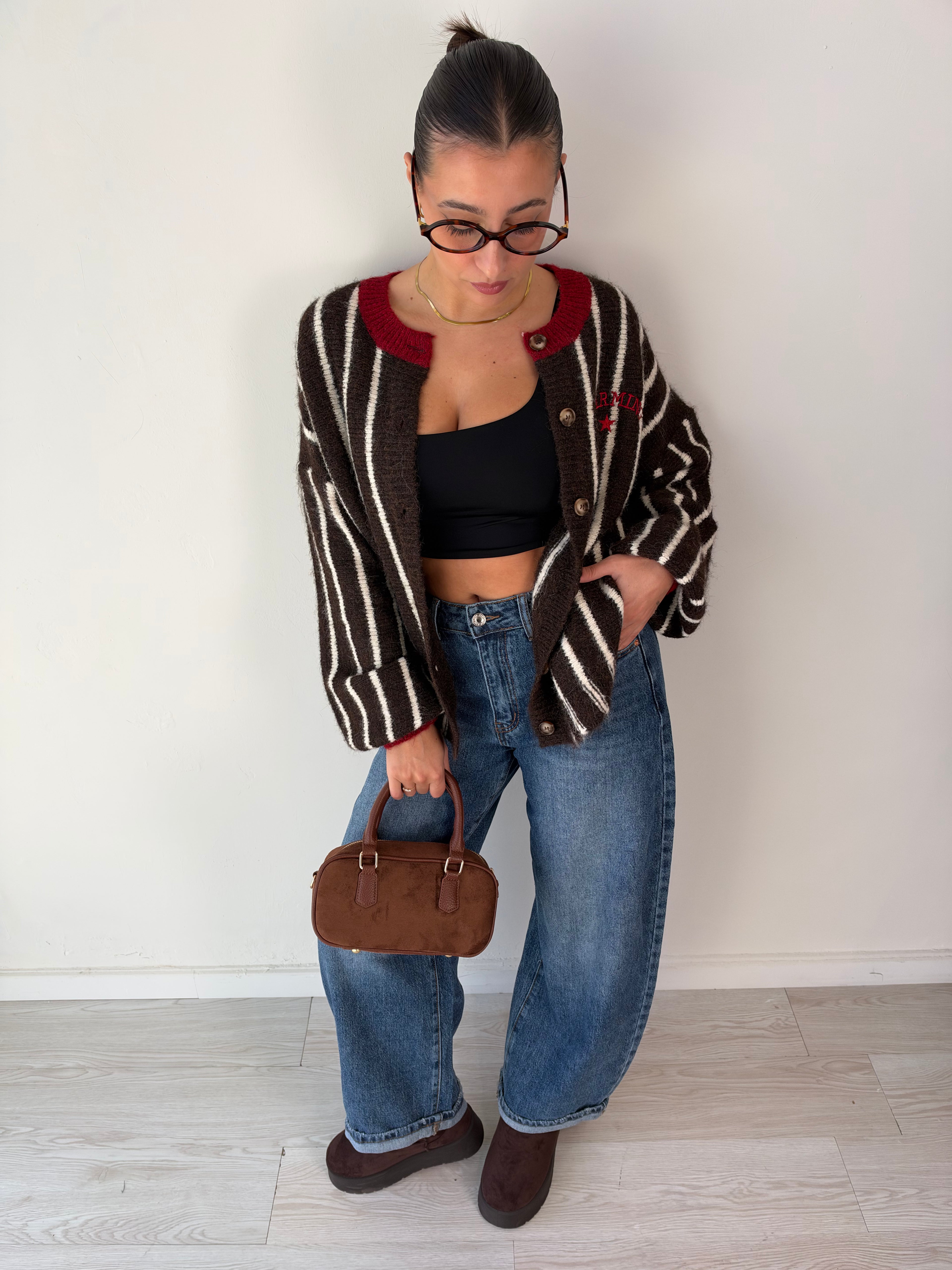 Maglione Cardigan baseball marrone