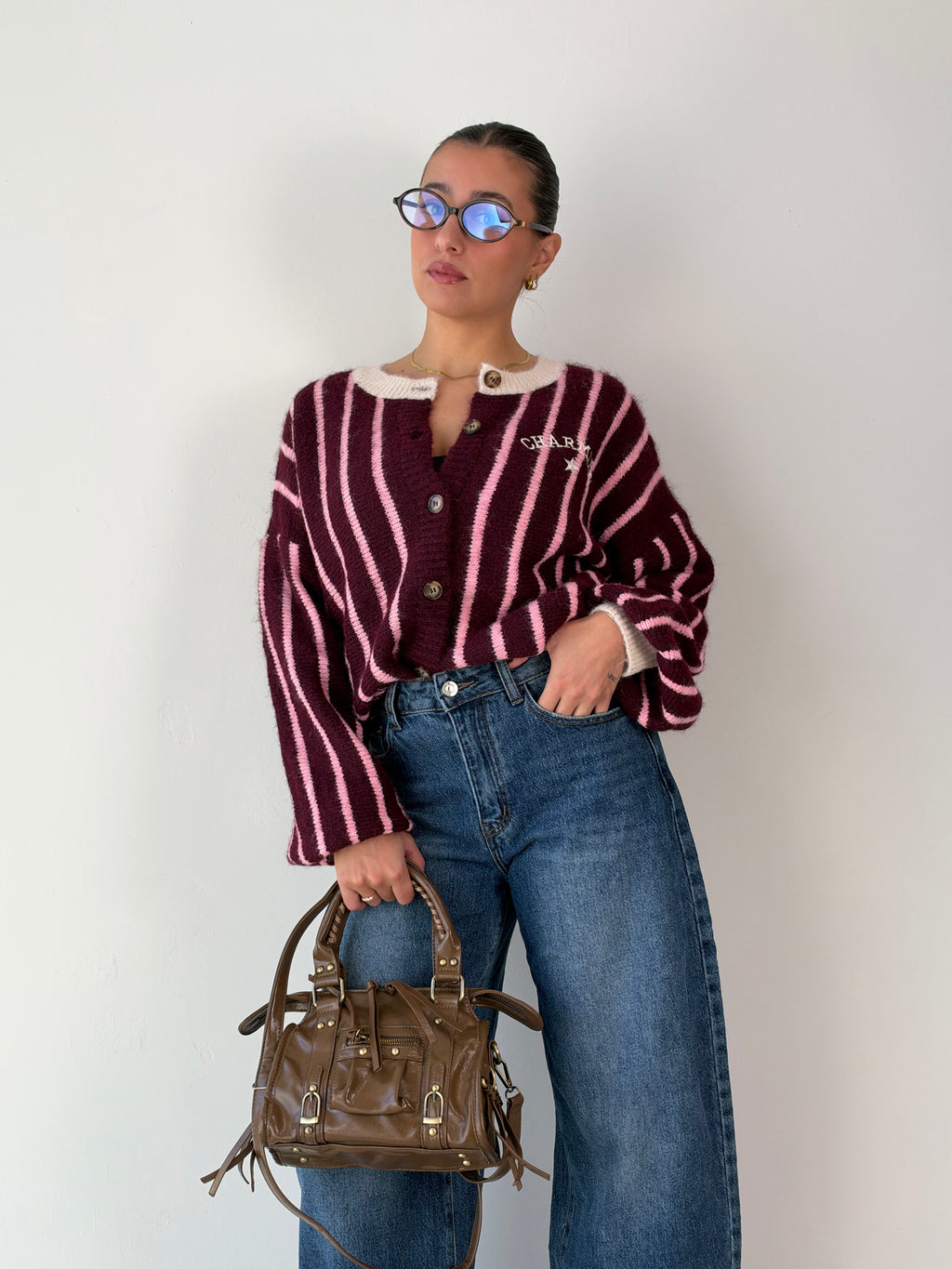 Maglione Cardigan baseball bordeaux