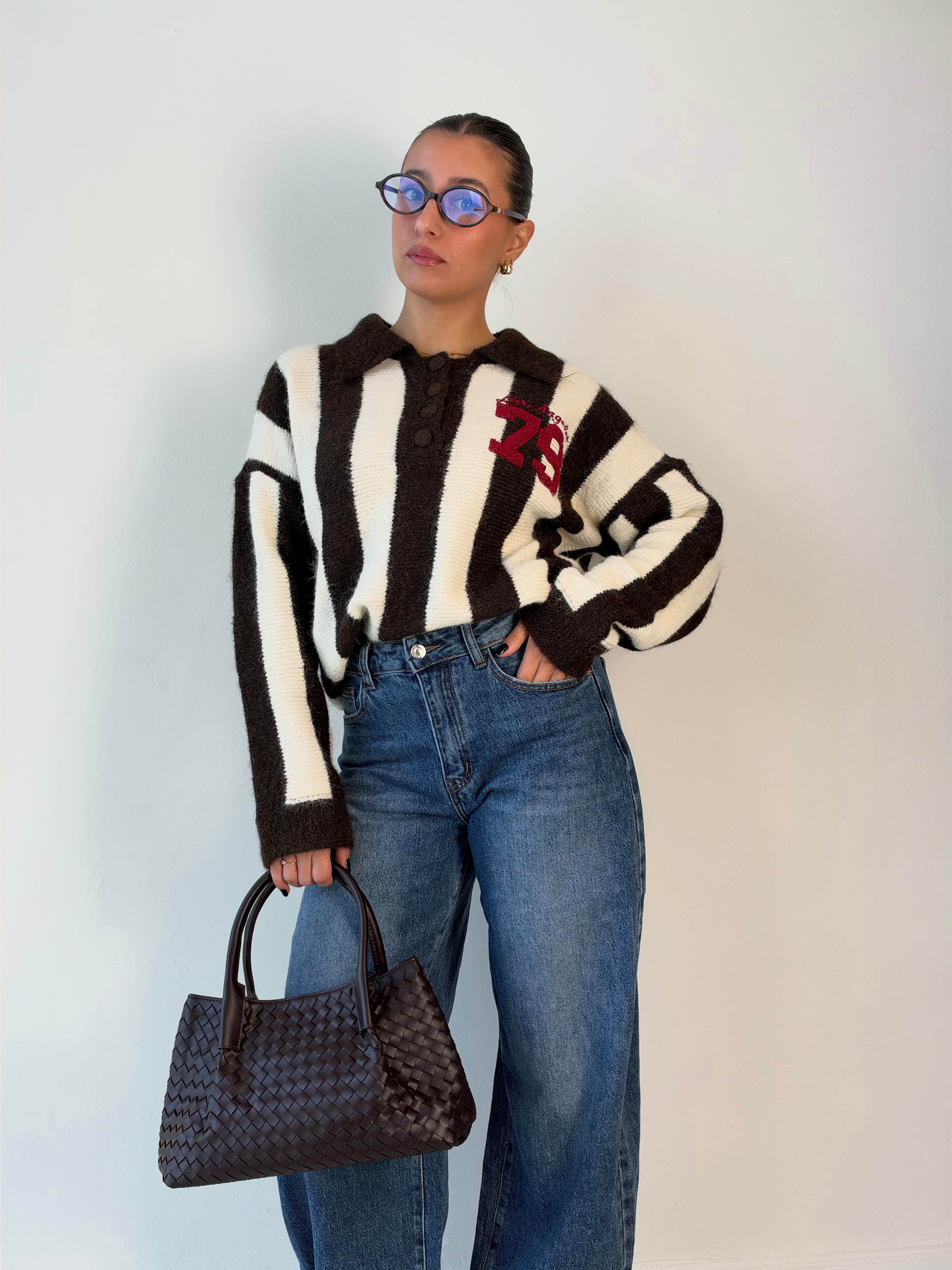 Maglione polo a righe marrone
